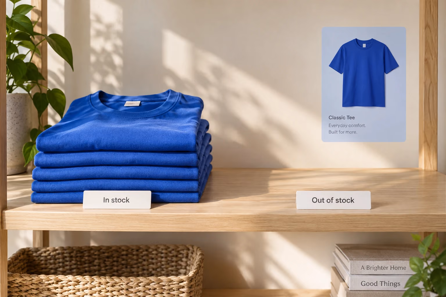 Blue shirts and an empty shelf illustrating changes in product availability